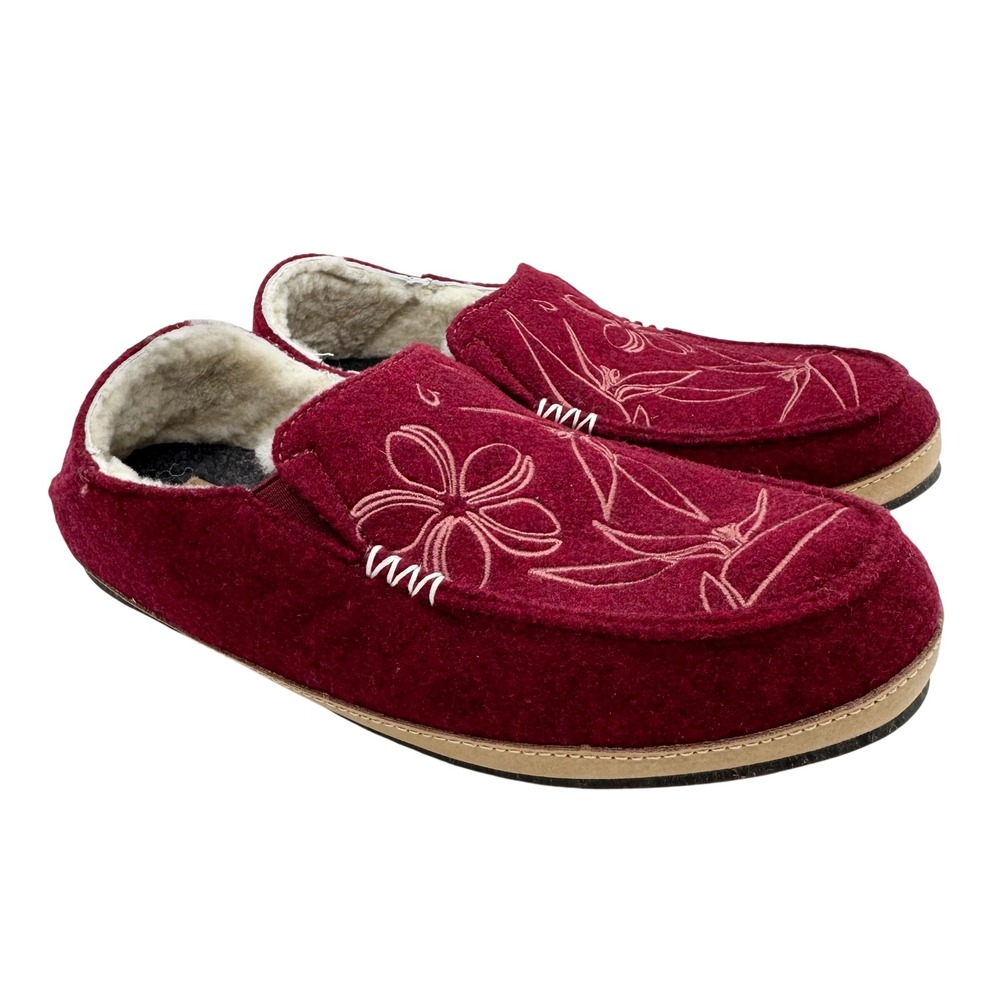 OLUKAI Nohea Kilohana Genuine Wool Shearling Slippers Red Size 9 Hawaiian Beachy